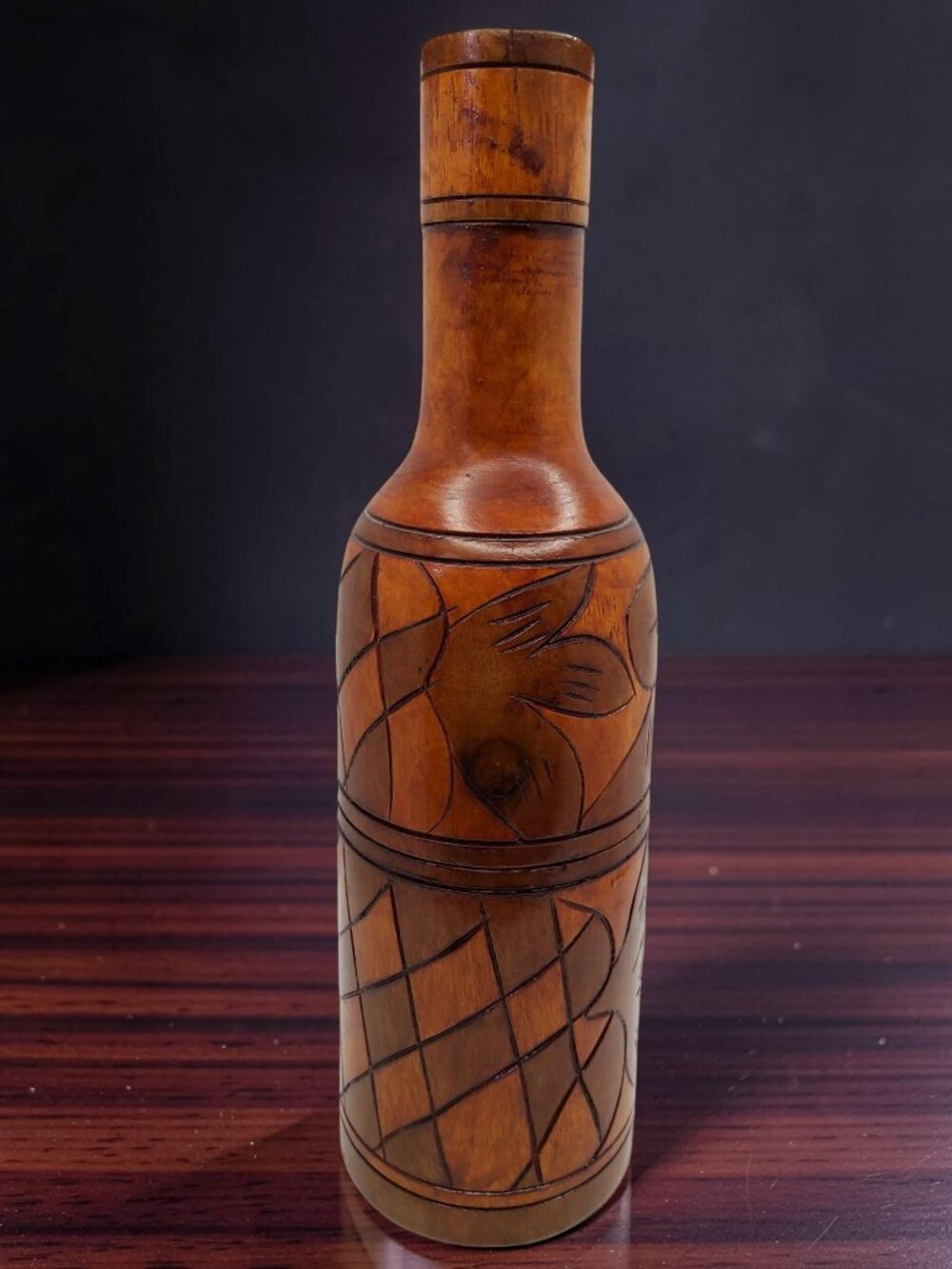vintage mexico hand-carved 3 section wood wine bottle carrier case/carafe